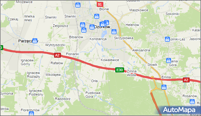 mapa Kowalewice gmina Parzęczew, Kowalewice gmina Parzęczew na mapie Targeo