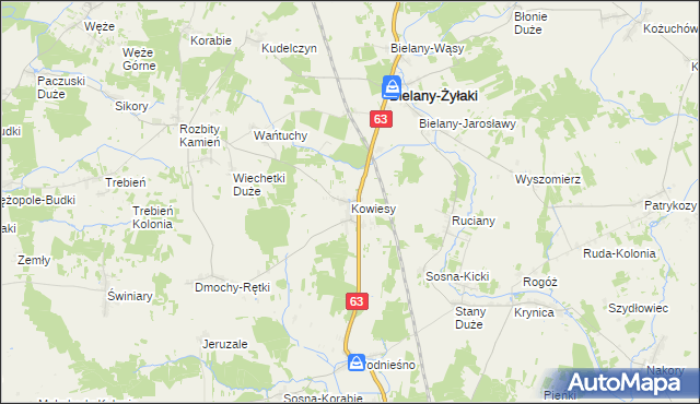 mapa Kowiesy gmina Bielany, Kowiesy gmina Bielany na mapie Targeo