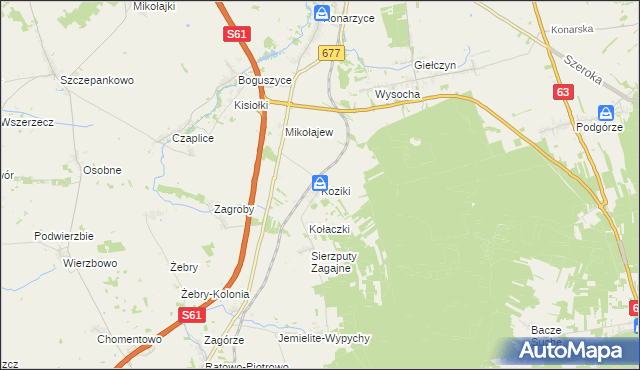 mapa Koziki gmina Śniadowo, Koziki gmina Śniadowo na mapie Targeo