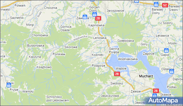 mapa Koziniec gmina Mucharz, Koziniec gmina Mucharz na mapie Targeo