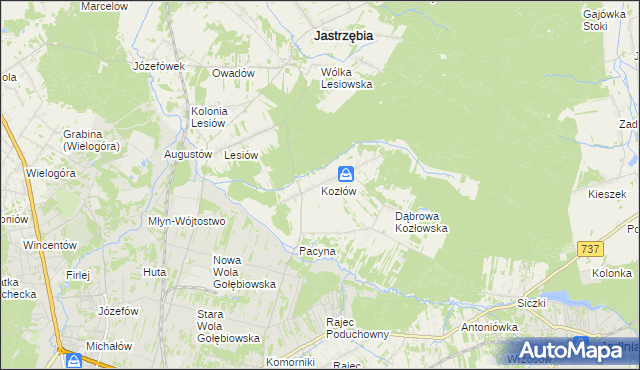 mapa Kozłów gmina Jastrzębia, Kozłów gmina Jastrzębia na mapie Targeo
