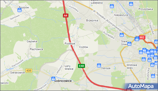 mapa Kozłów gmina Sośnicowice, Kozłów gmina Sośnicowice na mapie Targeo