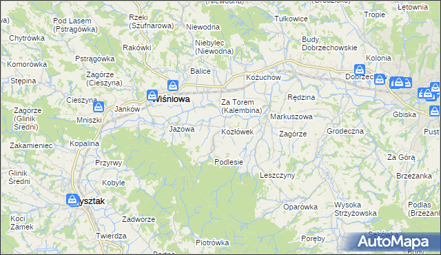 mapa Kozłówek gmina Wiśniowa, Kozłówek gmina Wiśniowa na mapie Targeo