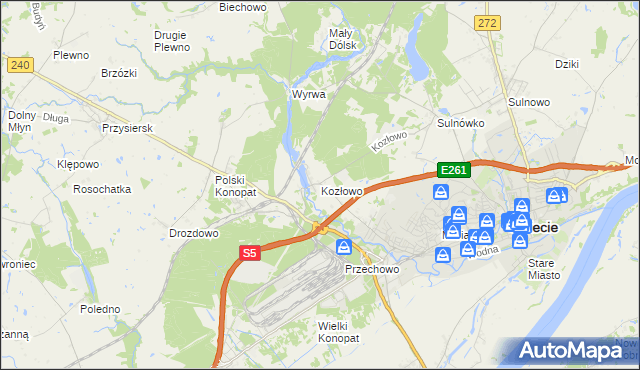mapa Kozłowo gmina Świecie, Kozłowo gmina Świecie na mapie Targeo