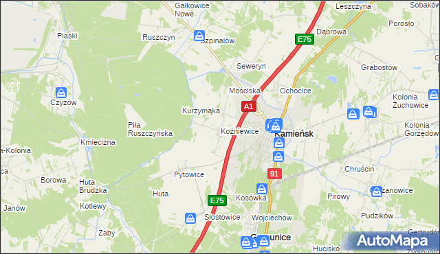 mapa Koźniewice, Koźniewice na mapie Targeo
