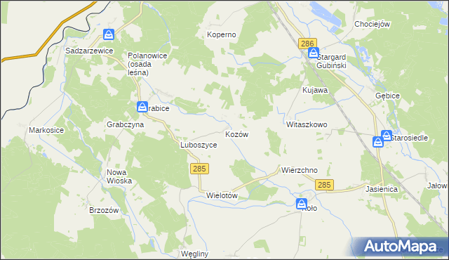 mapa Kozów gmina Gubin, Kozów gmina Gubin na mapie Targeo