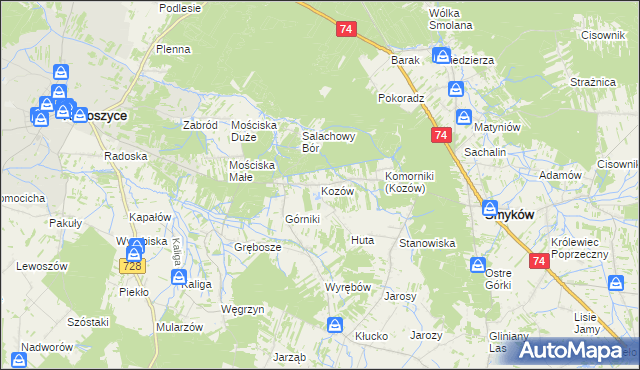 mapa Kozów gmina Smyków, Kozów gmina Smyków na mapie Targeo