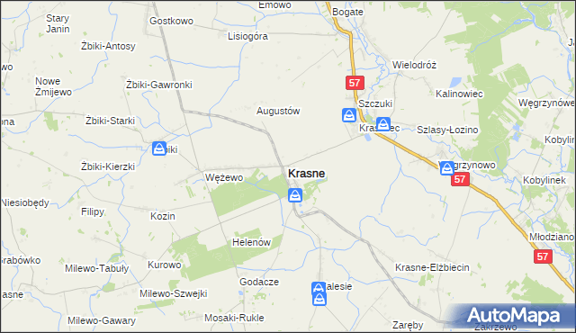 mapa Krasne powiat przasnyski, Krasne powiat przasnyski na mapie Targeo