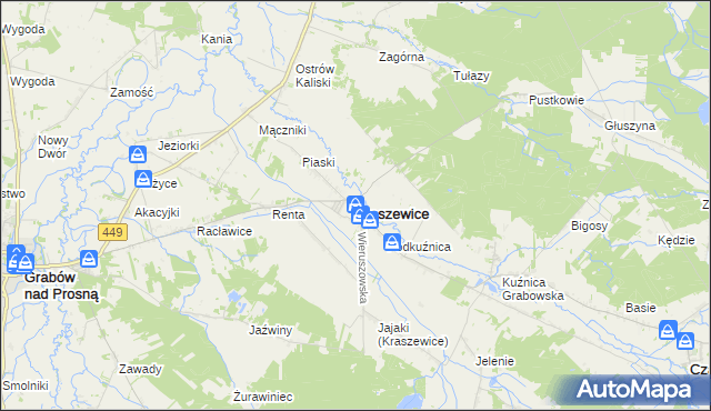 mapa Kraszewice powiat ostrzeszowski, Kraszewice powiat ostrzeszowski na mapie Targeo