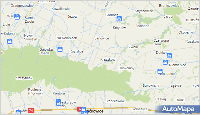 mapa Kraszków gmina Waśniów, Kraszków gmina Waśniów na mapie Targeo