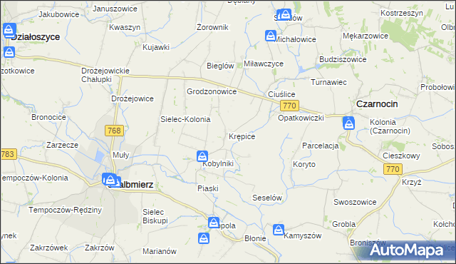 mapa Krępice gmina Skalbmierz, Krępice gmina Skalbmierz na mapie Targeo