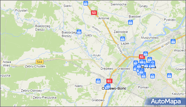 mapa Kruki gmina Olszewo-Borki, Kruki gmina Olszewo-Borki na mapie Targeo