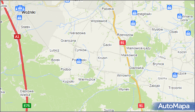 mapa Krusin gmina Koziegłowy, Krusin gmina Koziegłowy na mapie Targeo