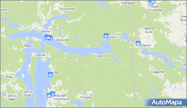 mapa Kruszyna gmina Kościerzyna, Kruszyna gmina Kościerzyna na mapie Targeo