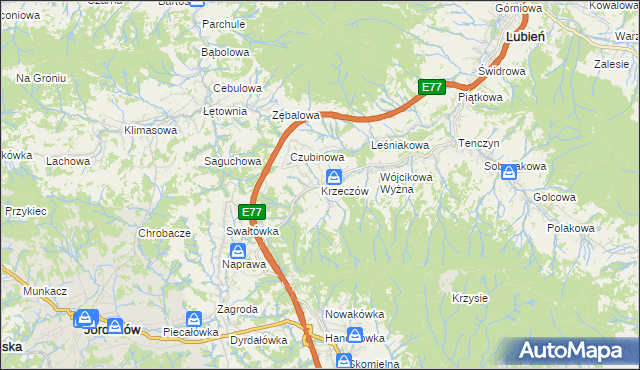 mapa Krzeczów gmina Lubień, Krzeczów gmina Lubień na mapie Targeo