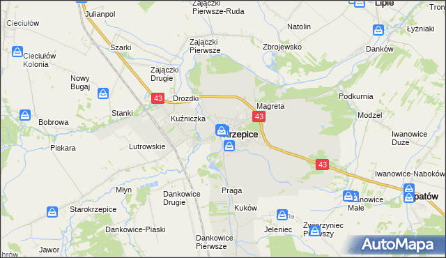 mapa Krzepice powiat kłobucki, Krzepice powiat kłobucki na mapie Targeo