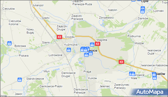 mapa Krzepice powiat kłobucki, Krzepice powiat kłobucki na mapie Targeo