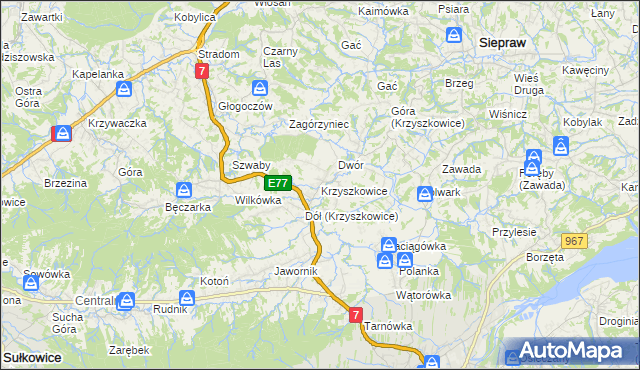 mapa Krzyszkowice gmina Myślenice, Krzyszkowice gmina Myślenice na mapie Targeo