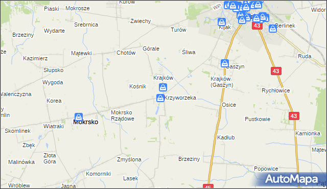 mapa Krzyworzeka gmina Mokrsko, Krzyworzeka gmina Mokrsko na mapie Targeo
