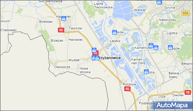 mapa Krzyżanowice powiat raciborski, Krzyżanowice powiat raciborski na mapie Targeo