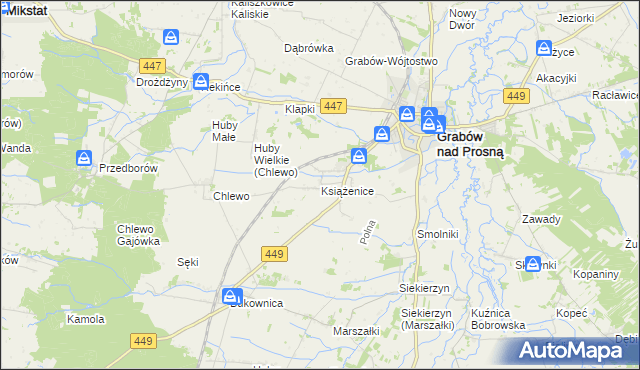 mapa Książenice gmina Grabów nad Prosną, Książenice gmina Grabów nad Prosną na mapie Targeo