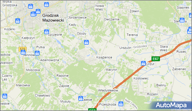 mapa Książenice gmina Grodzisk Mazowiecki, Książenice gmina Grodzisk Mazowiecki na mapie Targeo