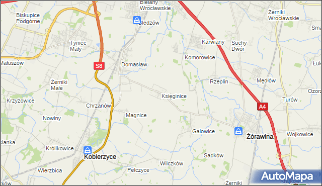 mapa Księginice gmina Kobierzyce, Księginice gmina Kobierzyce na mapie Targeo