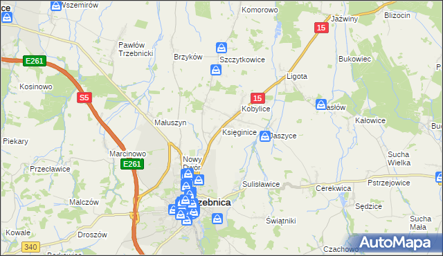 mapa Księginice gmina Trzebnica, Księginice gmina Trzebnica na mapie Targeo