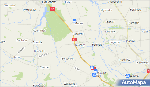 mapa Kuchary gmina Gołuchów, Kuchary gmina Gołuchów na mapie Targeo