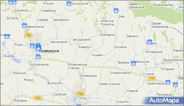 mapa Kujawki gmina Działoszyce, Kujawki gmina Działoszyce na mapie Targeo