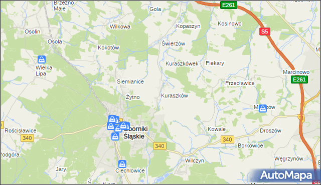 mapa Kuraszków gmina Oborniki Śląskie, Kuraszków gmina Oborniki Śląskie na mapie Targeo