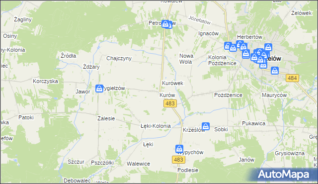 mapa Kurów gmina Zelów, Kurów gmina Zelów na mapie Targeo