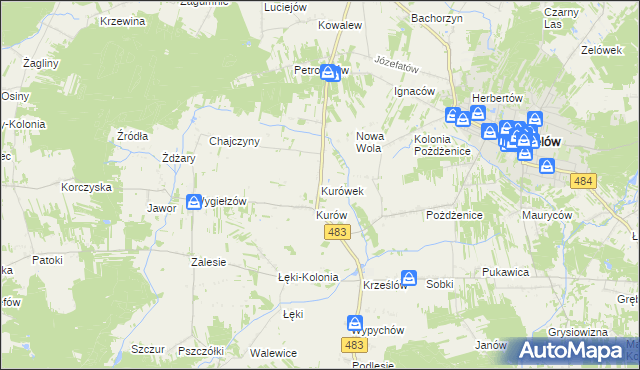 mapa Kurówek gmina Zelów, Kurówek gmina Zelów na mapie Targeo