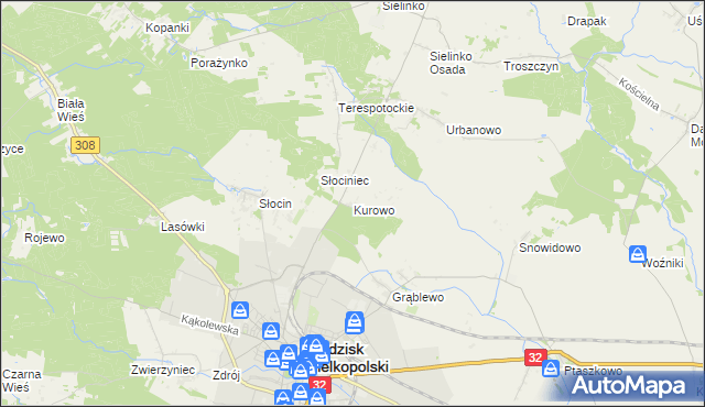 mapa Kurowo gmina Grodzisk Wielkopolski, Kurowo gmina Grodzisk Wielkopolski na mapie Targeo