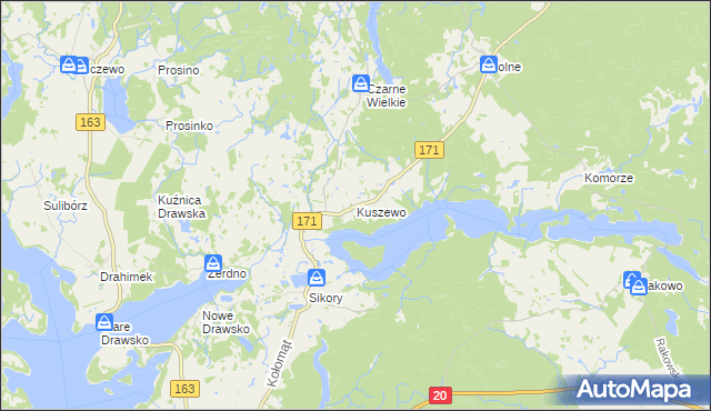 mapa Kuszewo gmina Czaplinek, Kuszewo gmina Czaplinek na mapie Targeo