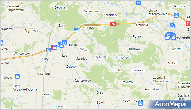 mapa Kuźnica gmina Rusiec, Kuźnica gmina Rusiec na mapie Targeo