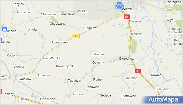 mapa Łabędzie gmina Warta, Łabędzie gmina Warta na mapie Targeo