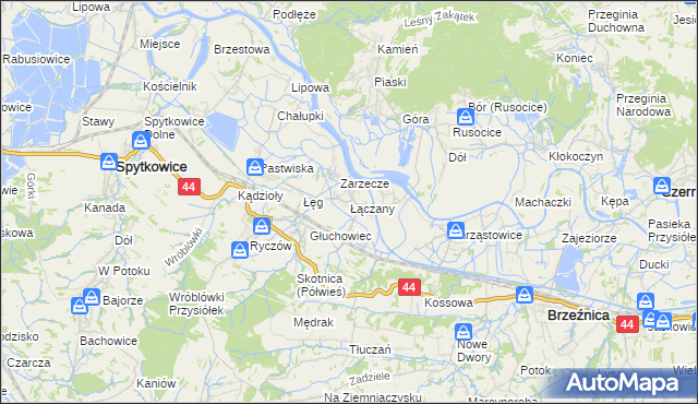 mapa Łączany gmina Brzeźnica, Łączany gmina Brzeźnica na mapie Targeo