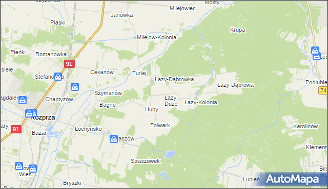 mapa Łazy Duże gmina Rozprza, Łazy Duże gmina Rozprza na mapie Targeo