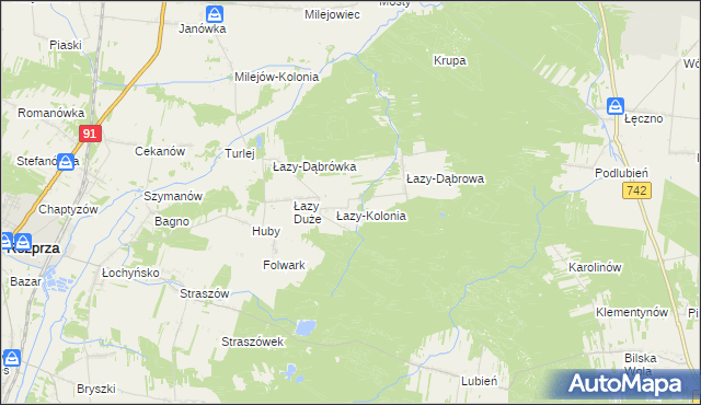 mapa Łazy gmina Sulejów, Łazy gmina Sulejów na mapie Targeo