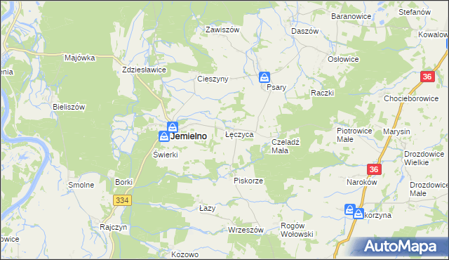 mapa Łęczyca gmina Jemielno, Łęczyca gmina Jemielno na mapie Targeo