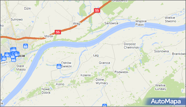 mapa Łęg gmina Chełmno, Łęg gmina Chełmno na mapie Targeo