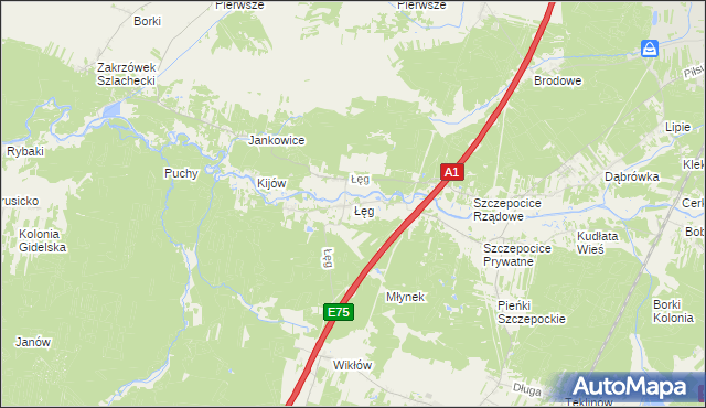 mapa Łęg gmina Kruszyna, Łęg gmina Kruszyna na mapie Targeo