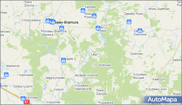 mapa Łęgi gmina Płoniawy-Bramura, Łęgi gmina Płoniawy-Bramura na mapie Targeo