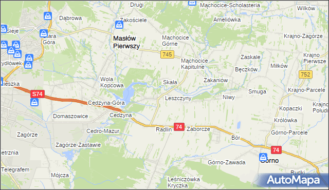 mapa Leszczyny gmina Górno, Leszczyny gmina Górno na mapie Targeo