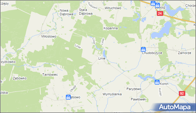 mapa Linie gmina Lwówek, Linie gmina Lwówek na mapie Targeo