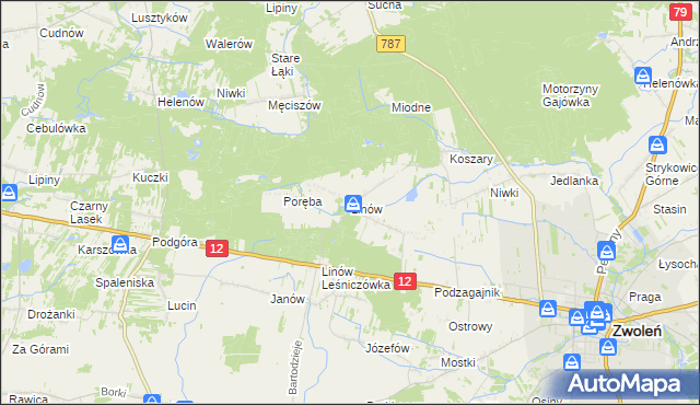 mapa Linów gmina Zwoleń, Linów gmina Zwoleń na mapie Targeo