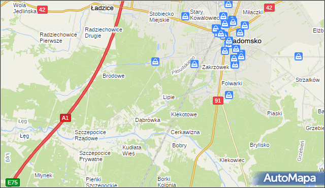 mapa Lipie gmina Radomsko, Lipie gmina Radomsko na mapie Targeo