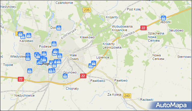 mapa Lipienice gmina Chojnice, Lipienice gmina Chojnice na mapie Targeo