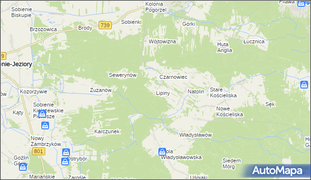 mapa Lipiny gmina Osieck, Lipiny gmina Osieck na mapie Targeo